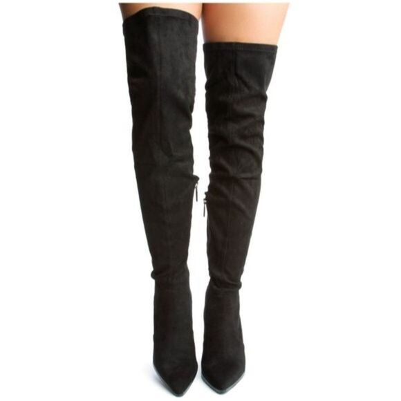 Women's Black Over The Knee pointed Chunky Block Heel Boots - Picture 6 of 6